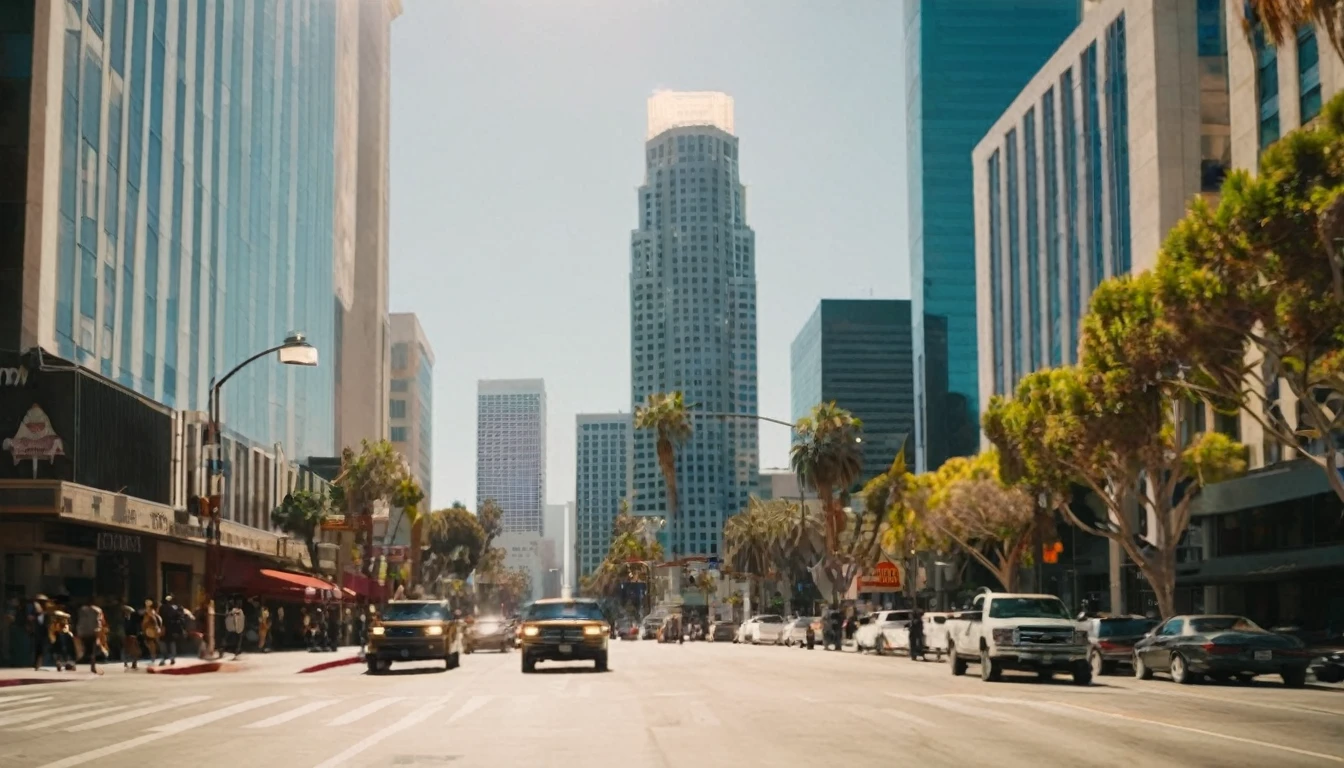 Cinematic traversal camera movement, people walking in a pedestrian street in Los Angeles, California in 3060 at morning time, in the heart of the The dysoptian futuristic megacity there are street vendors a different people walking in futuristic clothes. Different buildings cover the side of the street, the natural light of the sun illuminates at daytime. Bustling city of Los Angeles with many skyscrapers in the background, Natural lights, neutral colors, lomochrome, vintage color tones, dramatic, dynamic composition.Lifelike textures, sharp focus, depth of field, cinematic lighting, Contrast lighting, volumetric lighting, best shadows,sharp focus, depth pf field, photorealism, Realism, Cinematic, Photoreal, 35mm film Screengrab a Super Panavision 70 film, in color. best quality , hdr, uhd, 8k, 35 mm film, analog camera shot.