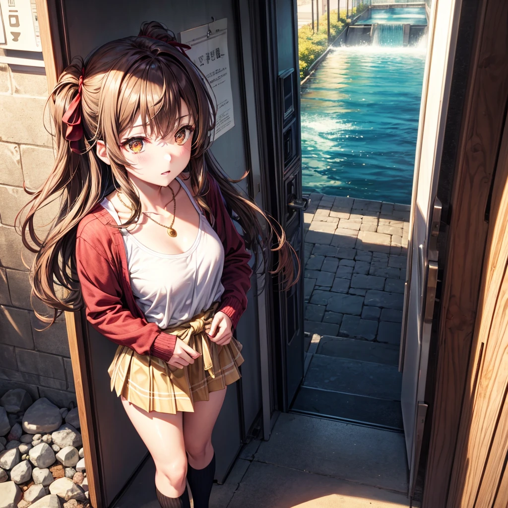 Red, brown, gold, gold hair、Golden Eyes、Hair tied up、One good looking girl、solo、anime、Checkered mini skirt、Ruffles on the skirt、camisole、camisole、Lightweight cardigan、Black knee-high socks、Wearing a baseball cap、Ribbon、Ribbon on waist、Teeth are visible、Sunset sky、Cumulonimbus、Silver coin necklace、shine、From above、Sparks are flying、tunnel、Cobblestones、Hands in pockets、waterfall、Torrent