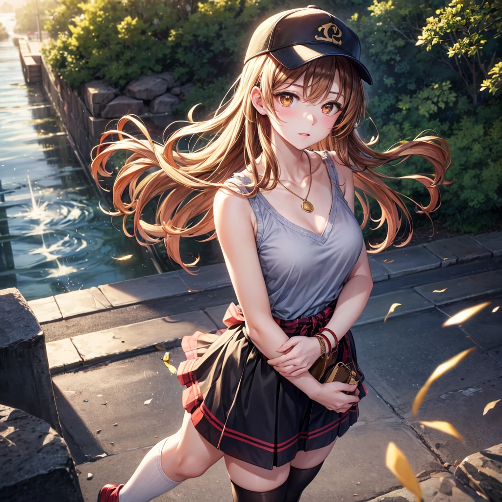 Red, brown, gold, gold hair、Golden Eyes、Hair tied up、One good looking girl、solo、anime、Checkered mini skirt、Ruffles on the skirt、camisole、camisole、Lightweight cardigan、Black knee-high socks、Wearing a baseball cap、Ribbon、Ribbon on waist、Teeth are visible、Sunset sky、Cumulonimbus、Silver coin necklace、shine、From above、Sparks are flying、tunnel、Cobblestones、Hands in pockets、waterfall、Torrent