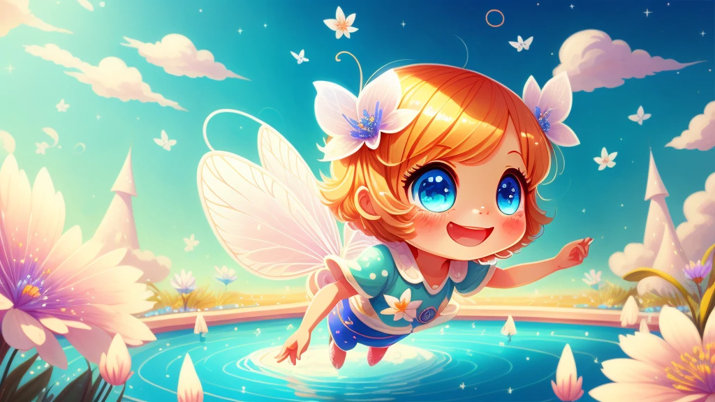 Cute  s, light colors hair, blue eyes, gossamer,illustration, A masterpiece in bright light, stunning art! The art of magic, fairy tale artwork, inspiring art, exquisite artwork high quality、masterpiece、Sparkling fairies、smile、Fly 10 meters above the beautiful springs、sky diving、Colorful flowers around the fountain、Look down、wave hands
