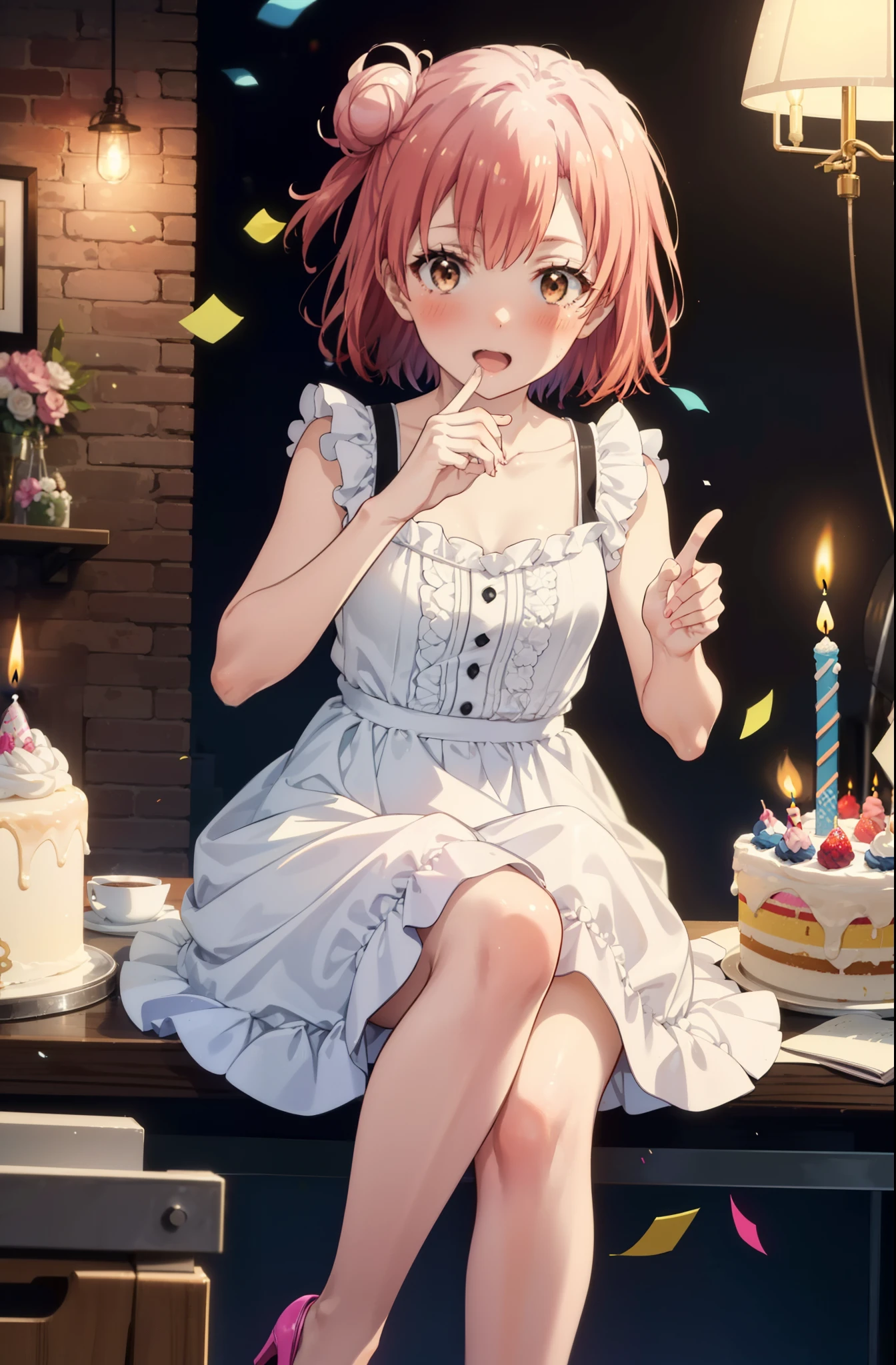 yuiyuigahama, yui yuigahama, One Girl,short hair, (Brown eyes:1.5), (Pink Hair:1.2), Hair Bun, single Hair Bun, smile,blush,Open your mouth wide,Pink sleeveless dress,Long skirt,Stiletto heels,A birthday cake with lit candles,
,There is a round birthday cake on the desk.,Confetti,cracker,whole bodyがイラストに入るように,
break indoors, Party Venue,
break looking at viewer, whole body,
break (masterpiece:1.2), Highest quality, High resolution, unity 8k wallpaper, (figure:0.8), (Beautiful attention to detail:1.6), Highly detailed face, Perfect lighting, Highly detailed CG, (Perfect hands, Perfect Anatomy),