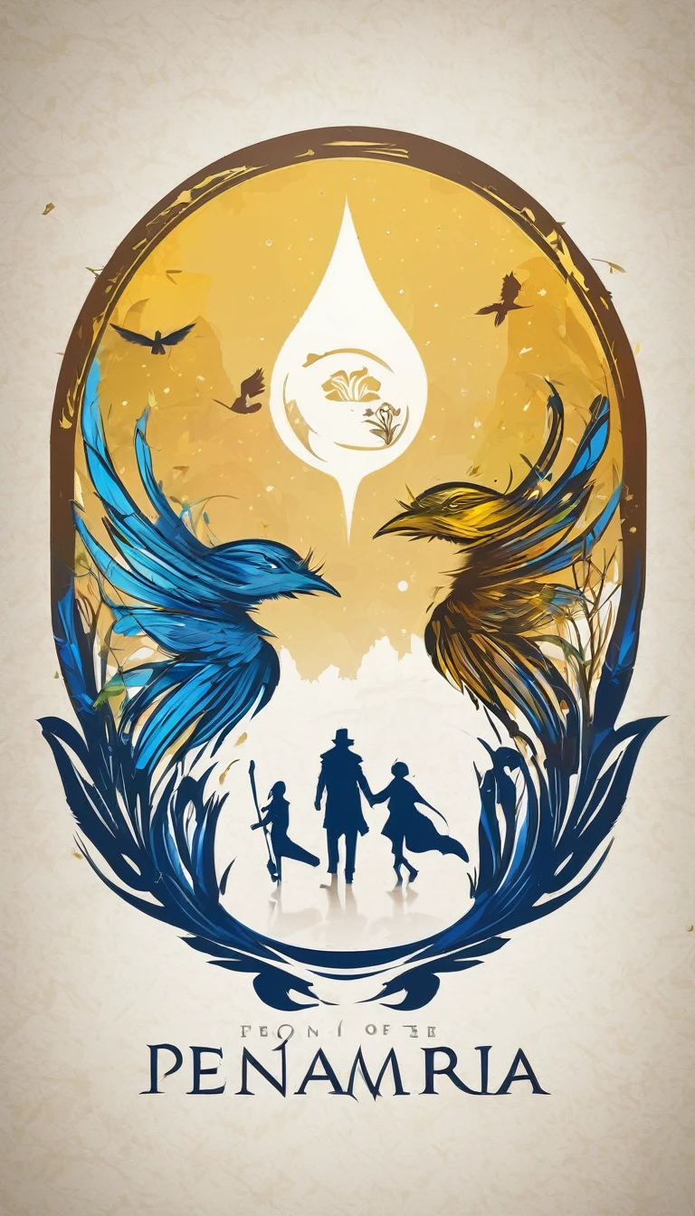 Create a minimalistic, simple, fantastic, easy to understand, logo design of two faces, one of a boy and the other of a feather for an upcoming Fantasy Role Playing Game called " Penamemoria". The game is about a world full of bird and feathers. A boy enters that world and discovers his true artistic identity. Create a logo design that transmits the essence of this videogame. It´s a fantasy game, with fantasy elements. Create the logo in the center and a fantasy theme as background. Use the colours blue, white, yellow in the logo. The logo design must convey a sense of fantasy, dreams and music. Must convey a feeling of being a true Dreamer
