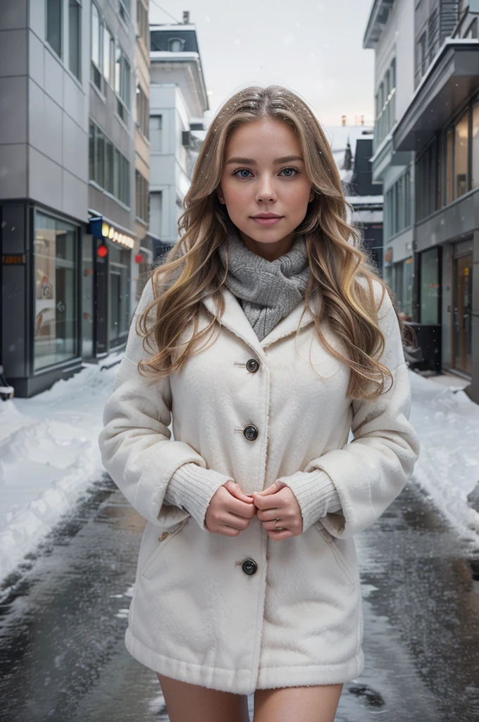professional portrait photograph of a gorgeous Norwegian girl in winter clothing with long wavy blonde hair, sultry flirty look, gorgeous symmetrical face, cute natural makeup, wearing elegant warm winter fashion clothing, ((standing outside in snowy city street)), stunning modern urban environment, ultra realistic, concept art, elegant, highly detailed, intricate, sharp focus, depth of field, f/1. 8, 85mm, medium shot, mid shot, (((professionally color graded))), bright soft diffused light, (volumetric fog), trending on instagram, hdr 4k, 8k