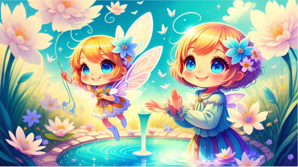 Cute s, light colors hair, blue eyes, gossamer,illustration, A masterpiece in bright light, stunning art! The art of magic, fairy tale artwork, inspiring art, exquisite artwork high quality、masterpiece、Sparkling fairies、smile、Fly 10 meters above the beautiful springs、sky diving、Colorful flowers around the fountain、Look down、wave hands