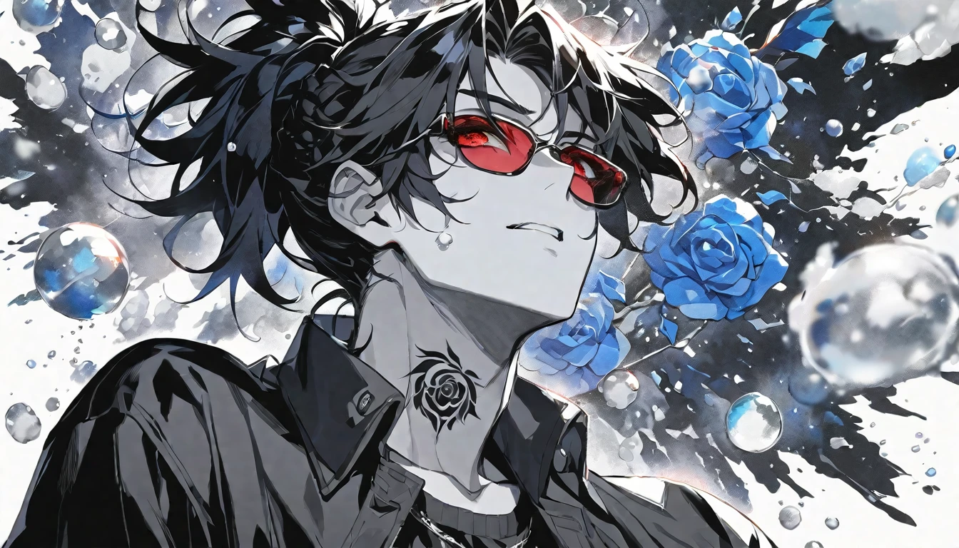 solo,handsome, monochrome,watercolor,1 male, Ponytail, Braided black hair, red eyes, Gojo Satoru,casual,Blue Rose Tattoo,black Oversized 服,casual,Stylish,cool,Wear sunglasses around your neck,Void,look up,
blackbackground,İcon,Despise face up,Soap bubble,gem,