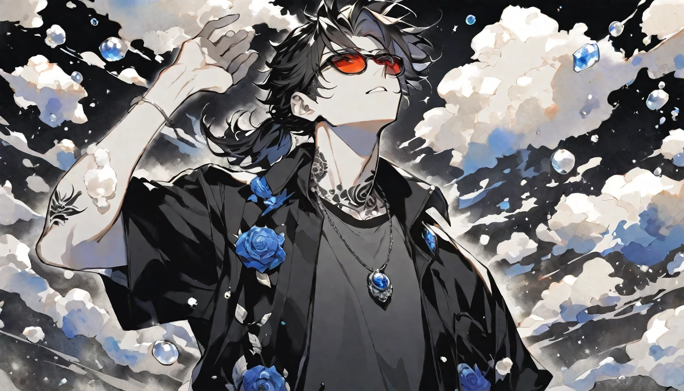 solo,handsome, monochrome,watercolor,1 male, Ponytail, Braided black hair, red eyes, Gojo Satoru,casual,Blue Rose Tattoo,black Oversized 服,casual,Stylish,cool,Wear sunglasses around your neck,Void,look up,
blackbackground,İcon,Despise face up,Soap bubble,gem,