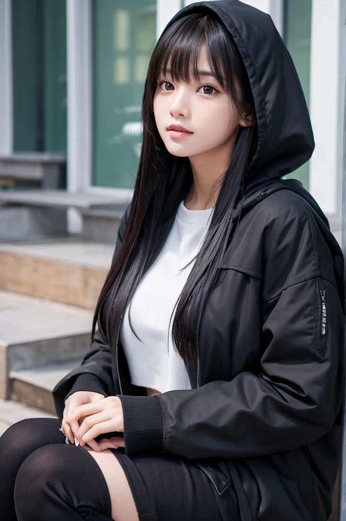 A girl with long black hair wearing a long black jacket with a hood tall Slightly larger breasts With bangs Foot thin