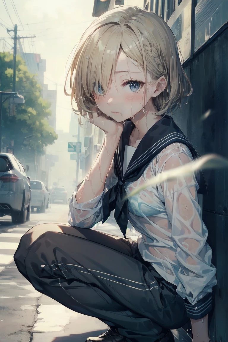 Heavy rain,(stormy atmosphere),outdoors,highest quality, anime moe art style,Best Anime 8K Kona-chan Wallpaper,Pixiv contest winners,perfect anatomy, (Please draw a girl walking sleepily to school),break, 1 girl, (13 years old:1.4),high school student, (short hair), amount, (hair above one eye:1.9),All limbs, full finger,medium breasts, between legs, small eyes,Precise blue eyes,hair clip, (sailor suit:1.5),(school uniform:1.5) ,(wet clothes:1.5),(skirt),On the way to school,break,Super detailed,High resolution,super dense skin,professional lighting,8K eye details,(cute illustration:1.2),blonde hair,(wet hair:1.4),(bra visible through clothes:1.3),No expression,(hair above one eye:1.2),(Bawl),(Embarrassed),(steepled fingers),(squatting),(looking away), (half open mouth),(white pants)