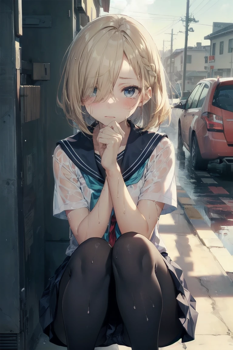 Heavy rain,(stormy atmosphere),outdoors,highest quality, anime moe art style,Best Anime 8K Kona-chan Wallpaper,Pixiv contest winners,perfect anatomy, (Please draw a girl walking sleepily to school),break, 1 girl, (:1.4),high school student, (short hair), amount, (hair above one eye:1.9),All limbs, full finger,medium breasts, betgs, small eyes,Precise blue eyes,hair clip, (sailor suit:1.5),(school uniform:,(wet clothes:1.5),(skirt),On the way tool,break,Super detailed,High resolution,super dense skin,professional lighting,8K eye details,(cute illustration:1.2),blonde hair,(wet hair:1.4),(bra visible through clothes:1.3),No expression,(hair above one eye:1.2),(Bawl),(Embarrassed),(steepled fingers),(squatting),(looking away), (half open mouth),(white pants)