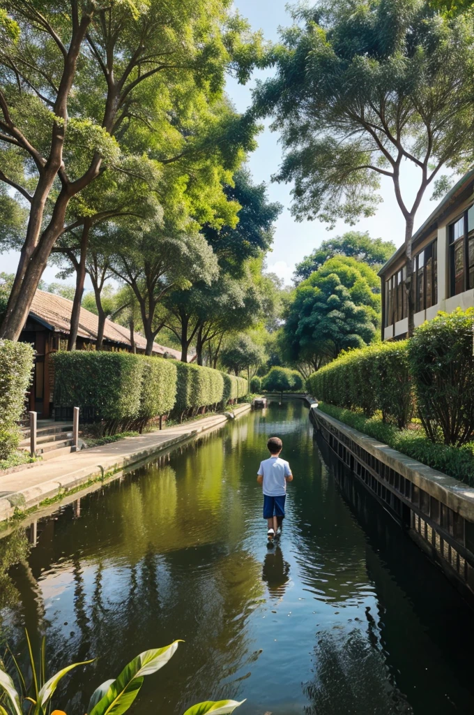 Boy going to library near hills forest canal birds