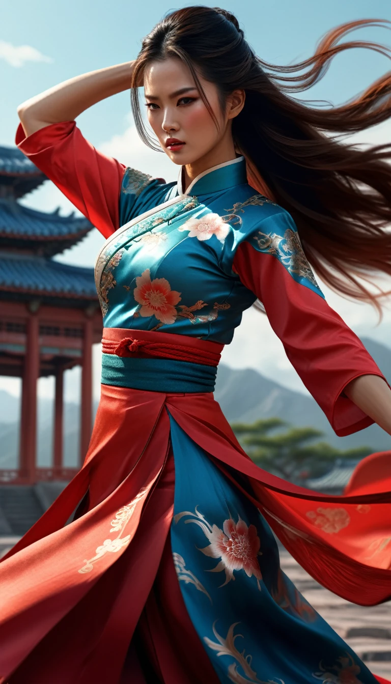 Full bidy shot, wide angle shot , dynamic shot, a beautiful female warrior in a cheongsam, dynamic fighting pose, long flowing hair blowing in the wind, realistic digital painting, cinematic lighting, highly detailed, fantasy art, 8k, photorealistic, dramatic, powerful, muscular, graceful, elegant