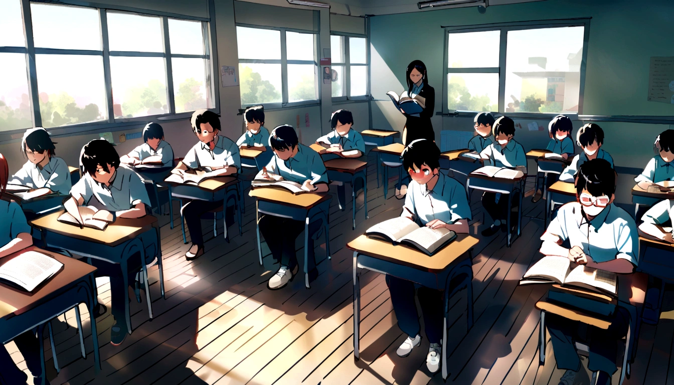 reading book In the classroom，The teacher is lecturing the students