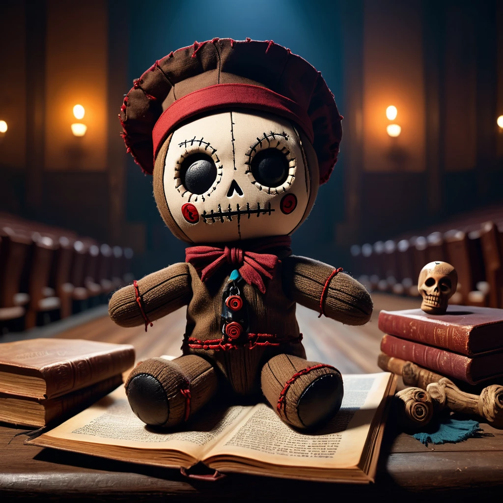 (knitted toy voodoo doll:1.7), (Voodoo Ghost Philosopher:1.3), (clothes Long cloak, hat, book with philosophical treatises:1.0), (in the background Abandoned auditorium, broken desks, glowing runes:1.3),  best quality, masterpiece, detailed soft oil painting, detailed background, dramatic cinematic lighting, soft edge lighting, professional, dramatic lighting, hard edge lighting, ultra quality, 4k,masterpiece, best quality, 8k, ultra highres, highres, extremely detailed