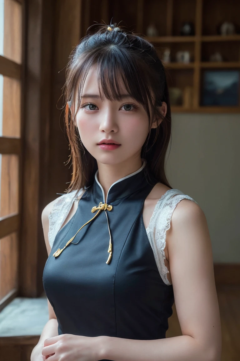 (Highest quality:1.4),(masterpiece:1.4),(Realistic:1.4),(Realistic:1.2),(超High resolution, RAW Photos:1.4),(High resolution, Ultra-detailed:1.2),(8K:1.2),Movie Photos,a photo of a dark-haired,One girl,alone,wear ,((China dress))、((Upper Body:1.3))