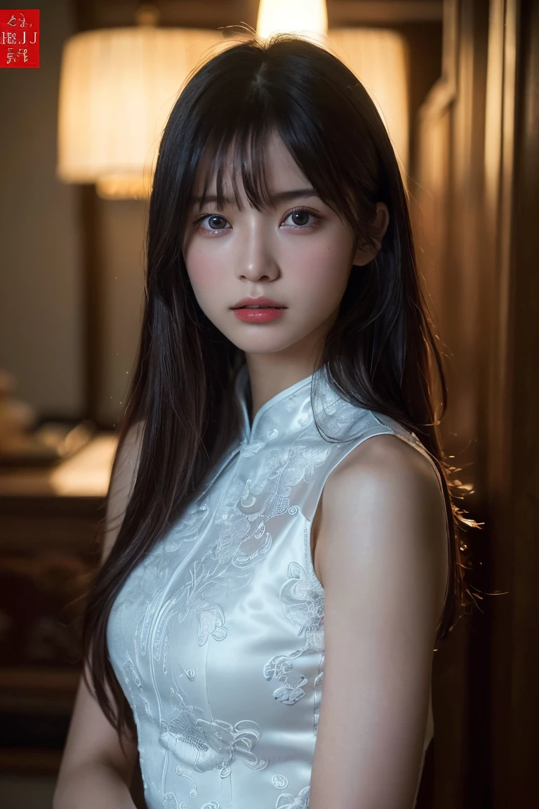(Highest quality:1.4),(masterpiece:1.4),(Realistic:1.4),(Realistic:1.2),(超High resolution, RAW Photos:1.4),(High resolution, Ultra-detailed:1.2),(8K:1.2),Movie Photos,a photo of a dark-haired,One girl,alone,wear ,((China dress))、((Upper Body:1.3))