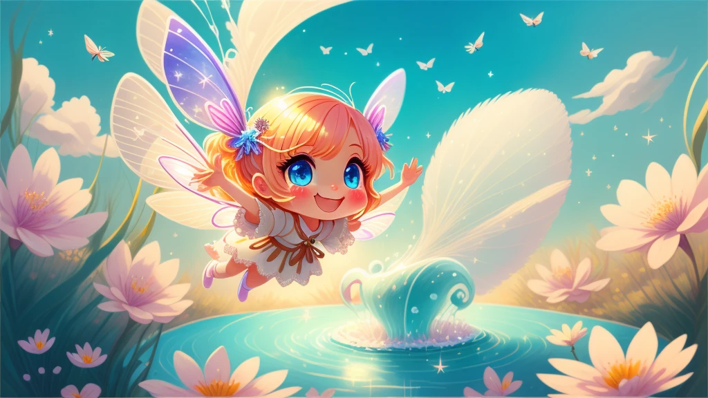 Cute  s, light colors hair, blue eyes, mer,illustration, A masterpiece in bright light, stunning art! The art of magic, fairy tale artwork, inspiring art, exquisite artwork high quality、masterpiece、Sparkling fairies、smile、Fly 10 meters above the beautiful springs、sky diving、Colorful flowers around the fountain、Look down、wave hands