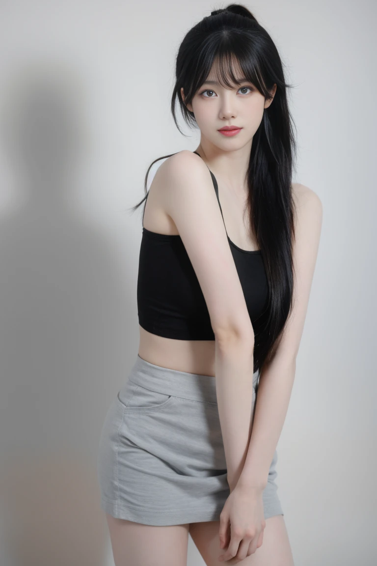 best quality, tmasterpiece,Ultra-high resolution,Clear face,(Reality:1.4),ferpect lighting,(upper body shot), (photorealistic:1.50), anime wallpaper, Guviz style artwork, cover-up fantasy up to magic , by Yang J, Guviz, beautiful artwork illustration, beautiful digital artwork, beautiful digital illustration, Li Song, beautiful anime portrait, art style in Beauvot, 1girl, 独奏, long hair, twintails, black hair, Tank top, Pleated skirt, standing,