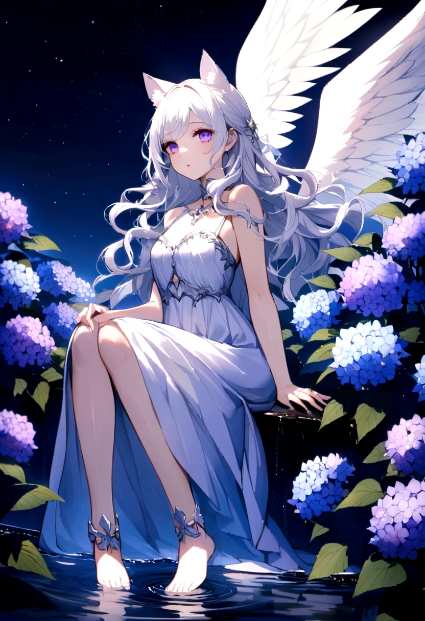 A delicate and elegant girl, Long wavy hair that reaches the knees,White hair is very attractive, Detailed and precise manual work, Attractive girl, White cat ears, look at me, Purple eyes and white eyelashes,Her cheeks turned red,Big angel wings,On the water, A subject that stands out against the dark night sky,A lot of hydrangea, White Dress, Dramatic moonlight that makes your subject stand out,star,惑star, barefoot,Ankle decoration,floating。