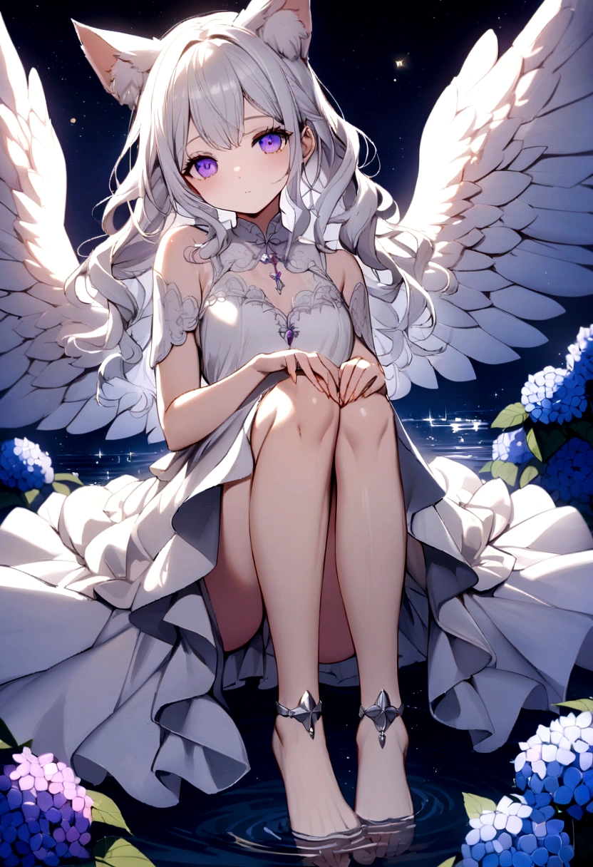 A delicate and elegant girl, Long wavy hair that reaches the knees,White hair is very attractive, Detailed and precise manual work, Attractive girl, White cat ears, look at me, Purple eyes and white eyelashes,Her cheeks turned red,Big angel wings,On the water, A subject that stands out against the dark night sky,A lot of hydrangea, White Dress, Dramatic moonlight that makes your subject stand out,star,惑star, barefoot,Ankle decoration,floating。