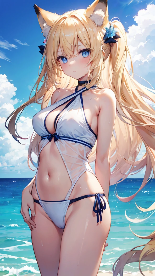 High resolution、Girl、Blonde、Long Hair,Straight Hair、Fox Ears、blue eyes、Slender、Large Breasts、Ocean,Swimwear,Halter neck,On board,summer,７moon,Sweat,blue sky,Pareo,