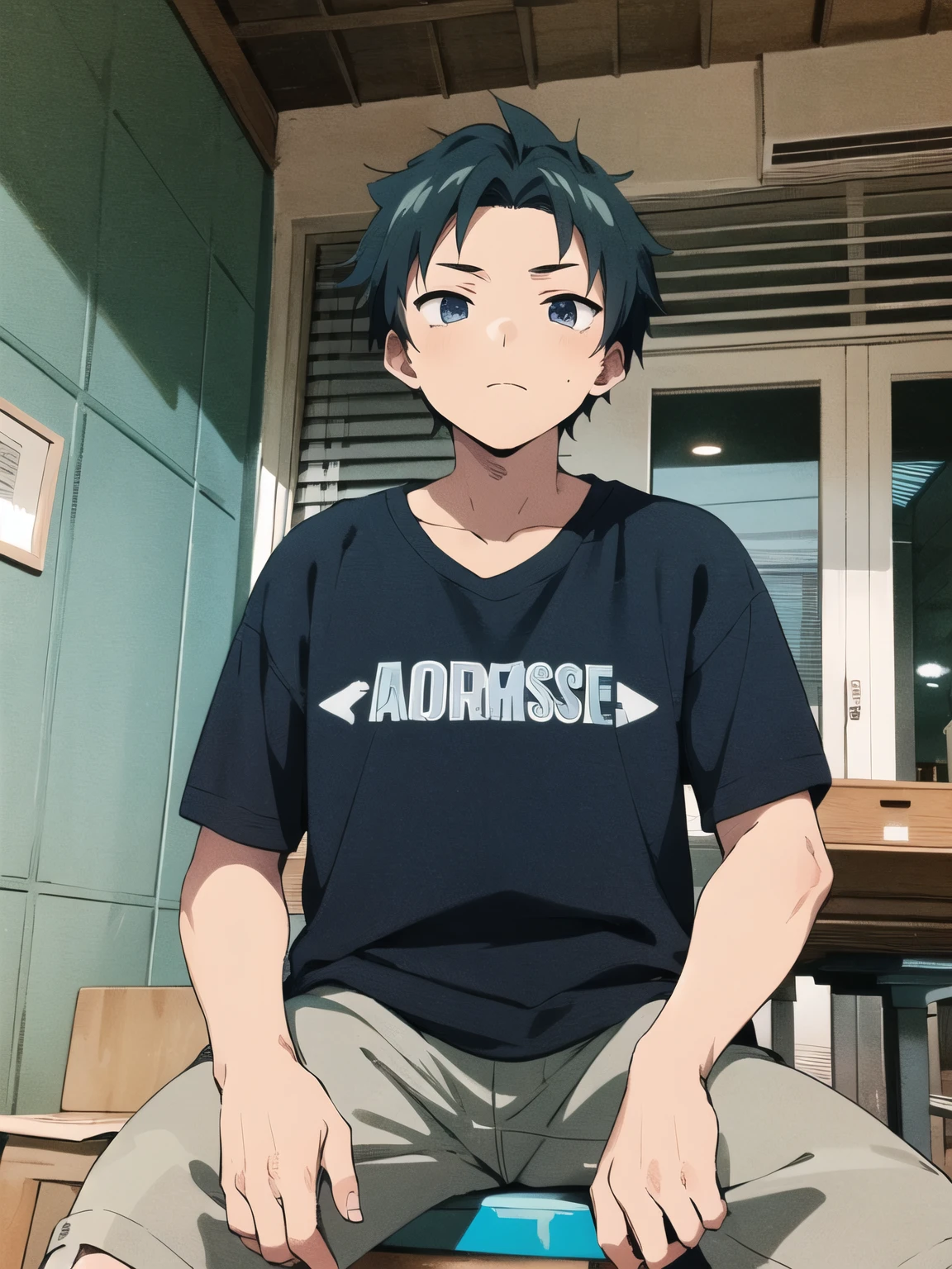 Anime boy cool cute skin white sitting pose foward