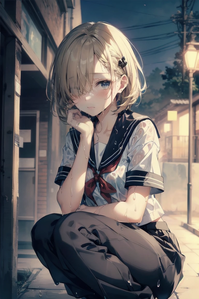 Heavy rain,(stormy atmosphere),outdoors,highest quality, anime moe art style,Best Anime 8K Kona-chan Wallpaper,Pixiv contest winners,perfect anatomy, (Please draw a girl walking sleepily to school),break, 1 girl, (13 years old:1.4),high school student, (short hair), amount, (hair above one eye:1.9),All limbs, full finger,medium breasts, between legs, small eyes,Precise blue eyes,hair clip, (sailor suit:1.5),(school uniform:1.5) ,(wet clothes:1.5),(skirt),On the way to school,break,Super detailed,High resolution,super dense skin,professional lighting,8K eye details,(cute illustration:1.2),blonde hair,(wet hair:1.4),(bra visible through clothes:1.3),No expression,(hair above one eye:1.2),(Bawl),(Embarrassed),(steepled fingers),(squatting),(looking away), (half open mouth),(white pants)