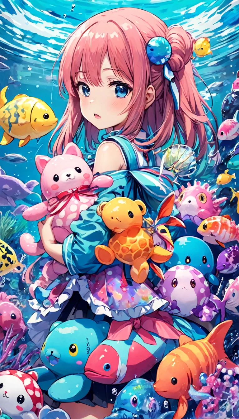 Anime girl holding stuffed sea creatures and other stuffed animals in her arms, Splash art cute anime, Decora inspired illustrations, Best anime Konachan wallpapers, Detailed fan art, By Kamaguruka, Anime covers,