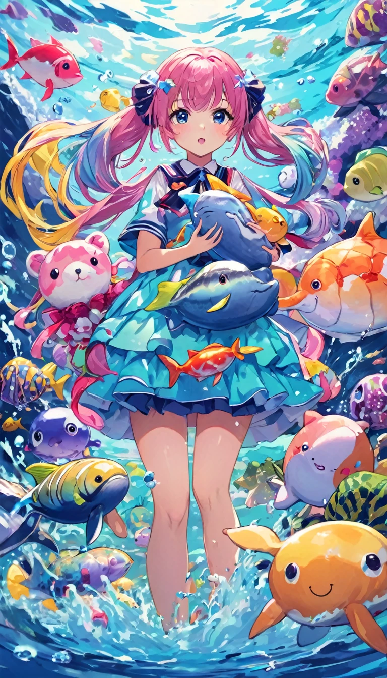 Anime girl holding stuffed sea creatures and other stuffed animals in her arms, Splash art cute anime, Decora inspired illustrations, Best anime Konachan wallpapers, Detailed fan art, By Kamaguruka, Anime covers,