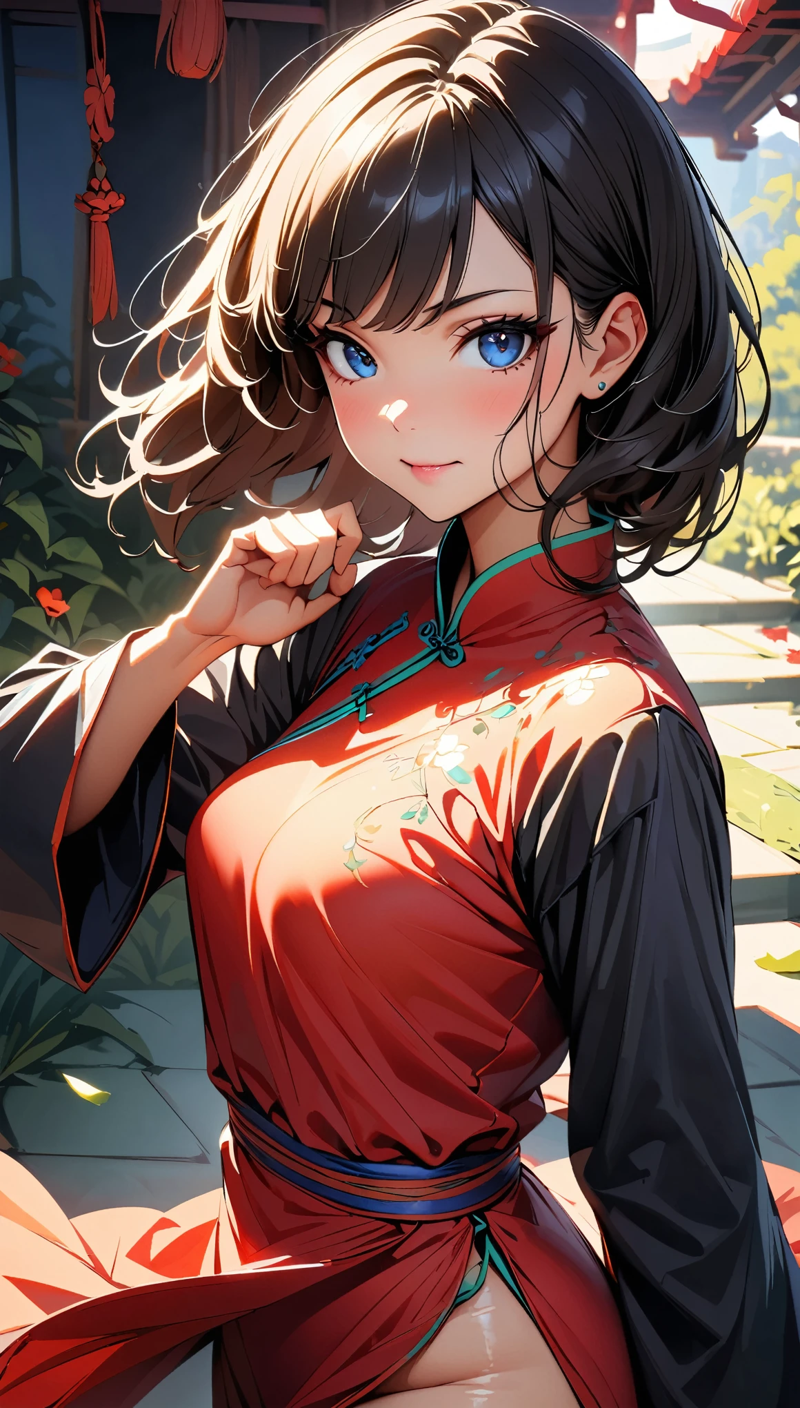 (Highest quality:1.2, Very detailed, up to date, Vibrant, Ultra-high resolution, High Contrast, masterpiece:1.2, Highest quality, Best aesthetics), (Small face), (Very detailedな肌:1.2), One Woman, beautiful girl, Beautiful Face, A girl in a Chinese dress practicing kung fu, Beautiful attention to detail, Beautiful lip detail, Very detailedな目と顔, Long eyelashes, martial arts expert, Powerful and agile movements, Flowing sleeves and dress, Graceful posture, Training in a quiet garden at dawn, wood々The sunlight shines in, Subtle shadows that add depth to the scene, Delicate flowers blooming in the background, Traditional Chinese architecture seen in the distance, Dynamic pose during jump, Powerful kicks and punches, Expressive faces showing determination and focus, Cowboy Shot:1.2, The colorful embroidery on the dress adds a pop of vibrancy., A harmonious color palette based on red and gold, Green tips from the leaves in the garden, soft, Warm lighting creates a relaxing atmosphere.