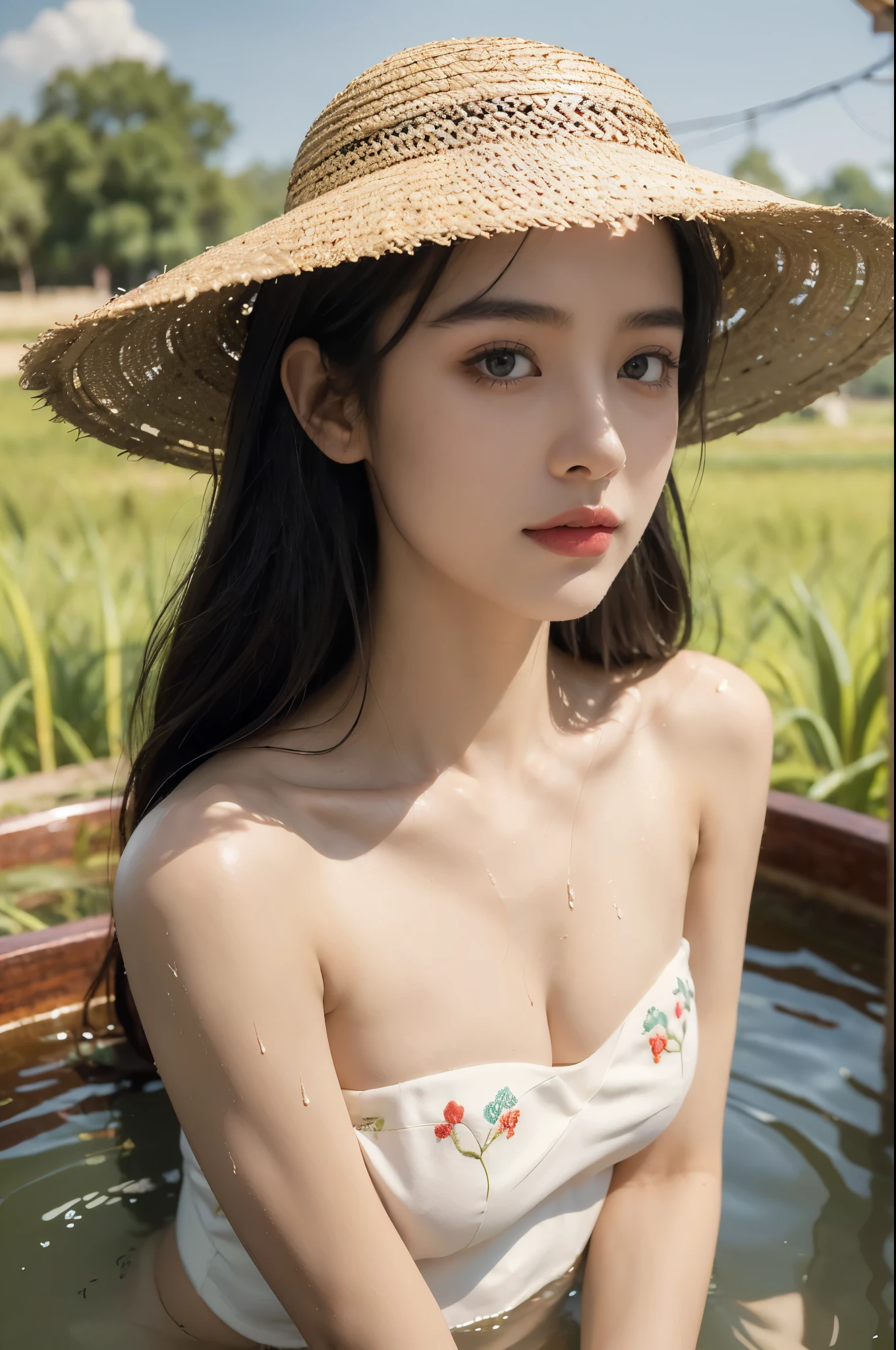 (((best quality))),(((ultra detailed))),(((masterpiece))),illustration,1 beautiful girl,slim,straw hat,shiny skin,black skin,sweat,wet,flat chest,strapless Embroidered red bra,collar,sitting in the Paddy pool filled with Rice seedlings,close-up of face,elegant, clear sky, sunlight, dreamy, contrast, natural,Chinese rural landscape,
