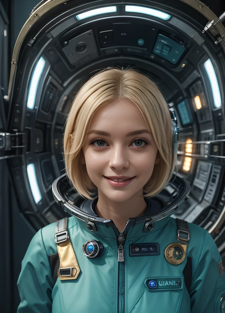 (masterpiece:1.4),(best quality,photorealistic), A beautiful Blonde woman with short Choppy Bob hair style, 48 years old, she is wearing a full length Teal space suit, she has perfect hands and face, ((she is standing in the crew recreational area of a giant space ship)), there is a bar and some gamming machines, and exclusive, Luxury, you can see a moon out of the window, space nebulas, planets, control panel, she wears a gold badge, she has a happy smile,