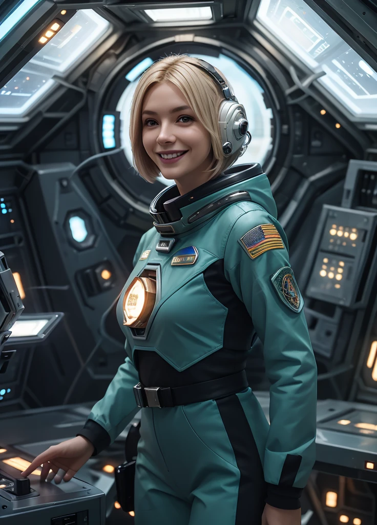 (masterpiece:1.4),(best quality,photorealistic), A beautiful Blonde woman with short Choppy Bob hair style, 48 years old, she is wearing a full length Teal space suit, she has perfect hands and face, ((she is standing in the crew recreational area of a giant space ship)), there is a bar and some gamming machines, and exclusive, Luxury, you can see a moon out of the window, space nebulas, planets, control panel, she wears a gold badge, she has a happy smile,