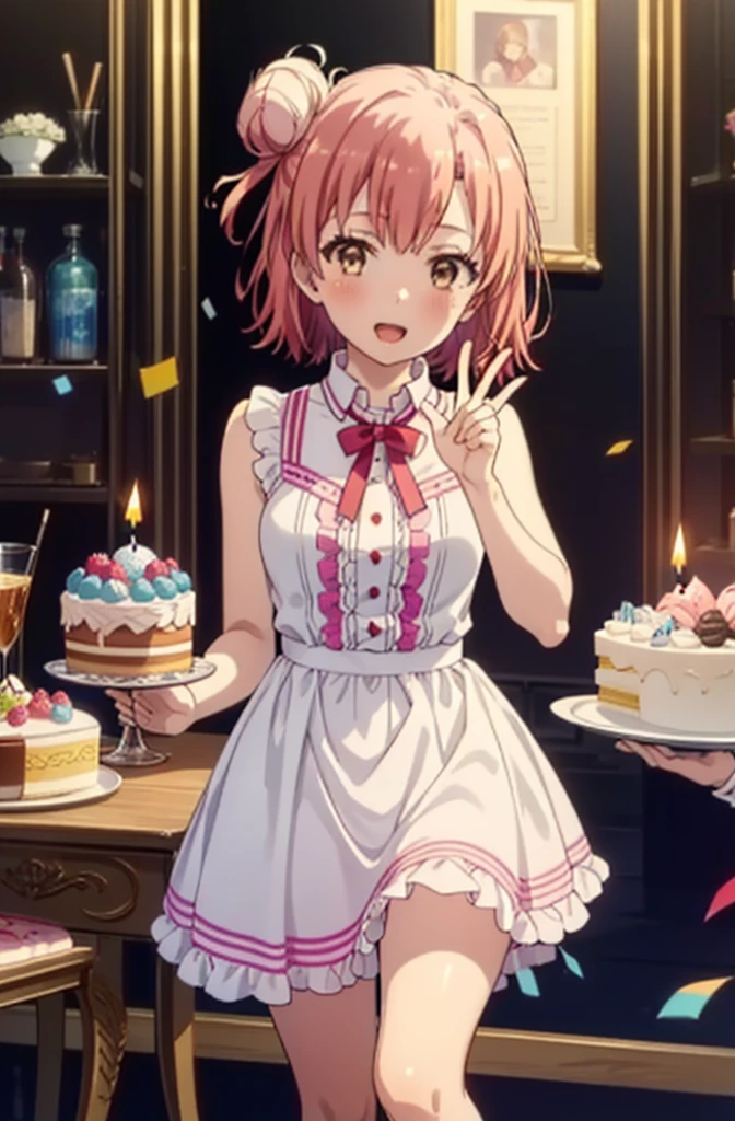 yuiyuigahama, yui yuigahama, One Girl,short hair, (Brown eyes:1.5), (Pink Hair:1.2), Hair Bun, single Hair Bun, smile,blush,Open your mouth wide,Pink sleeveless dress,Long skirt,Stiletto heels,A birthday cake with lit candles,
,There is a round birthday cake on the desk.,Confetti,cracker,whole bodyがイラストに入るように,peace sign,
break indoors, Party Venue,
break looking at viewer, whole body,
break (masterpiece:1.2), Highest quality, High resolution, unity 8k wallpaper, (figure:0.8), (Beautiful attention to detail:1.6), Highly detailed face, Perfect lighting, Highly detailed CG, (Perfect hands, Perfect Anatomy),