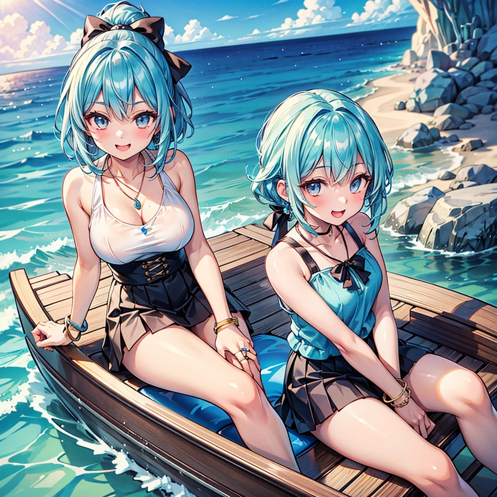 Anime Moe Art Style,Highest quality,High resolution,Anatomically correct,One Girl,Mid-teens,A girl with light blue hair in a ponytail,Super detailed,Fantasy World,Sleeveless blouse,mini skirt,Big Breasts,Shiny skin,Beautiful Skin,A rich expression,Laughing with your mouth open,Ocean,sit on the bow of a boat.Daytime,Fish out,Eyes drawn in detail,hair ornaments,necklace,bracelet,ring,8K