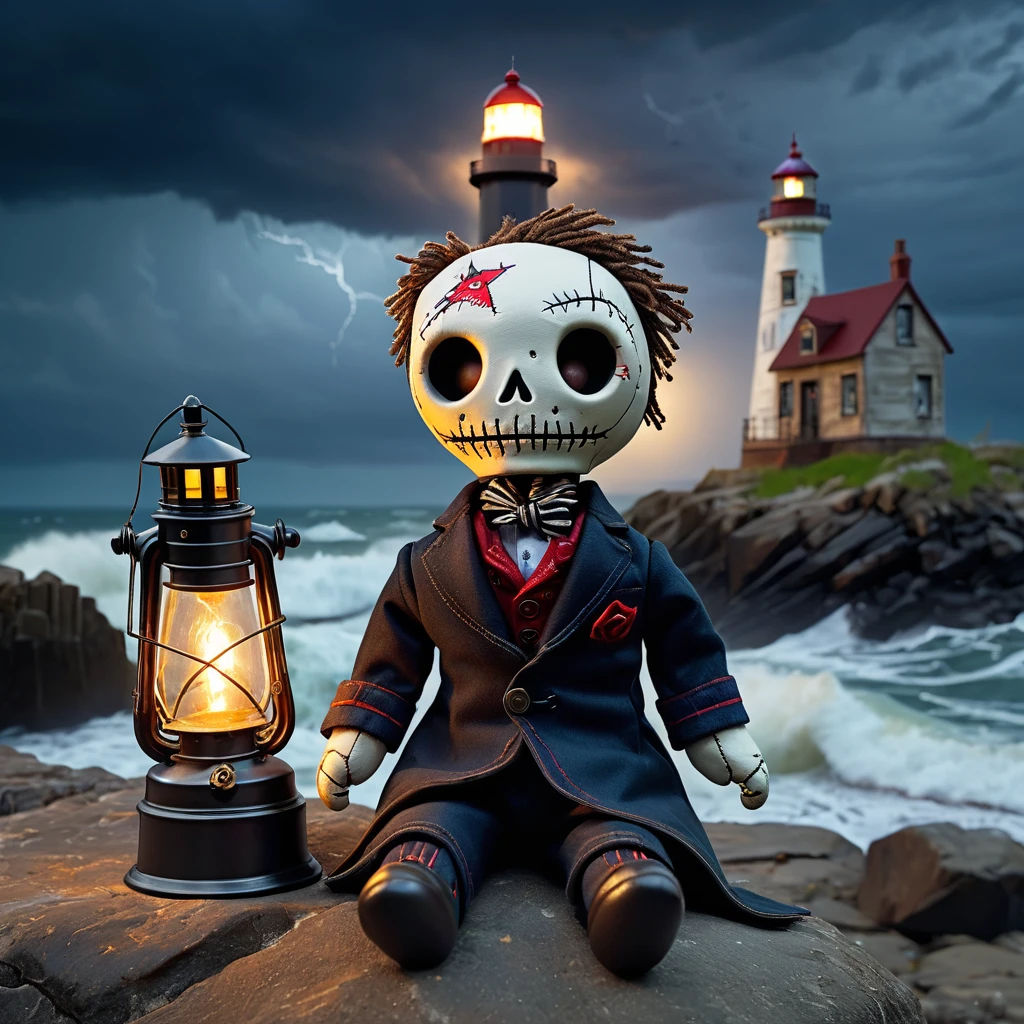 (knitted toy voodoo doll:1.7), (Voodoo Ghost Watchman:1.3), (clothes Old tailcoat, mask, lantern:1.0), (in the background Abandoned lighthouse, stormy sea, glowing lantern:1.3), best quality, masterpiece, detailed soft oil painting, detailed background, dramatic cinematic lighting, soft edge lighting, professional, dramatic lighting, hard edge lighting, ultra quality, 4k,masterpiece, best quality, 8k, ultra highres, highres, extremely detailed