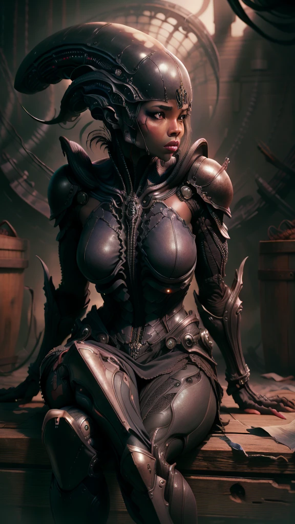 masterpiece, best quality, absurdres,  xenomorphdna, 1girl, sitting, faceless, black skin, colored skin, armored dress, looking at viewer, ewt