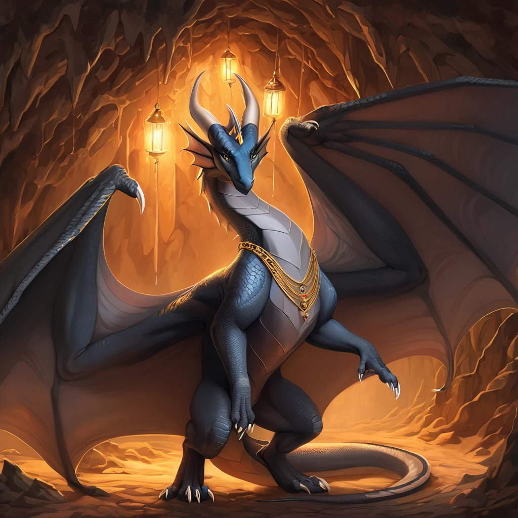 extremely talented painting of solo female (gray feral dragon), [natural lighting], (masterpiece), claws, toe claws, (digitigrade), looking at viewer, (detailed background), detailed scales, (detailed sharp snout, detailed eyes), hindpaws, horns, (huge wings), (seductive, cocky, looking at viewer), (in a huge cave, torch light in the walls, detailed, (gray gorgeous gracious feral dragon), ceiling lights, standing, neklace jewelry on her neck