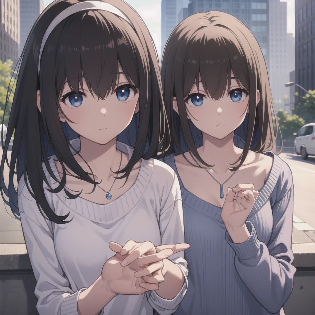 fumikasagisawa, break fumika sagisawa, blue eyes, Black Hair, Hair between the eyes, hair band, Long Hair, Hair above the eyes,
break blue sweater, clavicle, jewelry, necklace, shawl, sweater,,
break looking at viewer,
break outdoors, city,
break (masterpiece:1.2), Highest quality, High resolution, unity 8k wallpaper, (figure:0.8), (Beautiful attention to detail:1.6), Highly detailed face, Perfect lighting, Highly detailed CG, (Perfect hands, Perfect Anatomy),