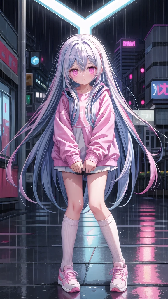 White knee socks，Blue long hair（1.5），Pink and white sweatshirt，Pink Eyes，cry，Blue headphones,Street Scene，Rain scene，Gloomy scene，night，City，Tears（1.6）