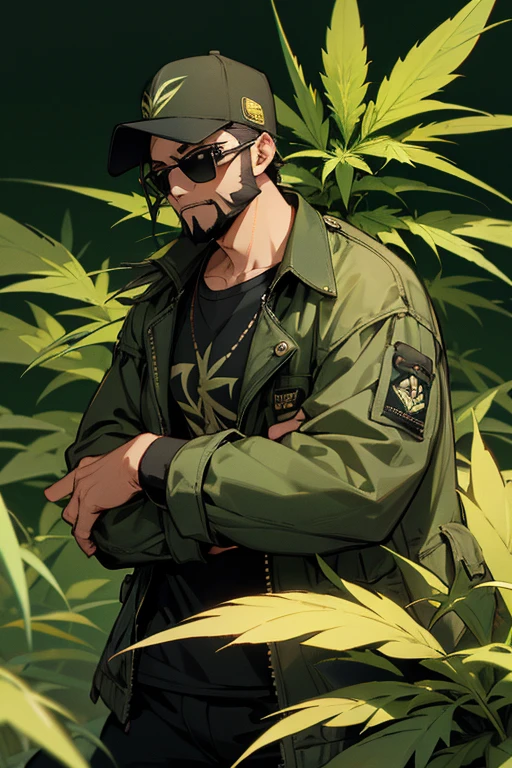 Young man, GREEN JACKET, SHORT BLACK BEARD, RAYBAN BLACK LENSES, BLACK TRUCKER CAP, WITH BACKGROUND WITH CANNABIS SATIVA PLANTS