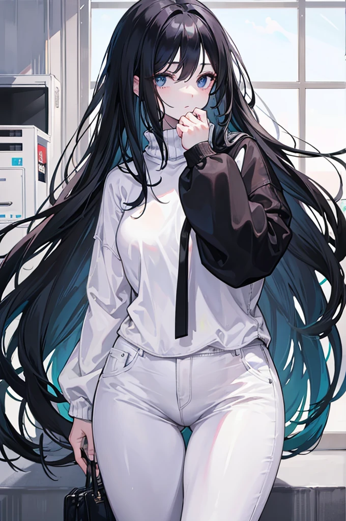 masterpiece,1 woman,black long hair,black eye, White skin,sweater,jeans,standing,low exposure,Glamor body type,cute,distance,alone
