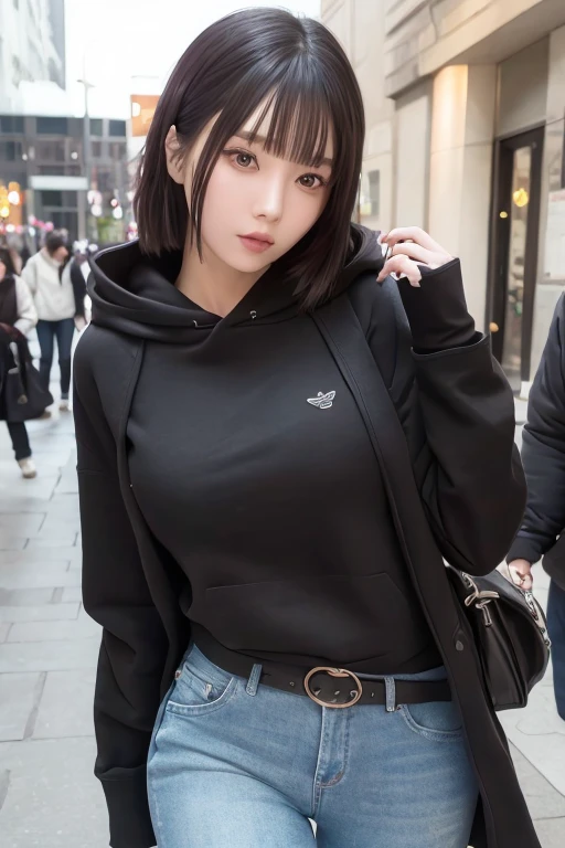 kwoneunbi, bangs, woman, urban, streets, RAW,(8k, best quality, masterpiece:1.2),(intricate details:1.4),(photorealistic:1.4),octane render, complex 3d render ultra detailed, studio soft light, rim light, vibrant details, ultra detailed, realistic skin texture, detailed face, beautiful detailed eyes, extremely detailed CG unity 8k wallpaper, makeup, (detailed background:1.2), (cowboy shot:1.2),(hip),(perfect anatomy:1.2),(black hoodie, long jeans:1.2), 