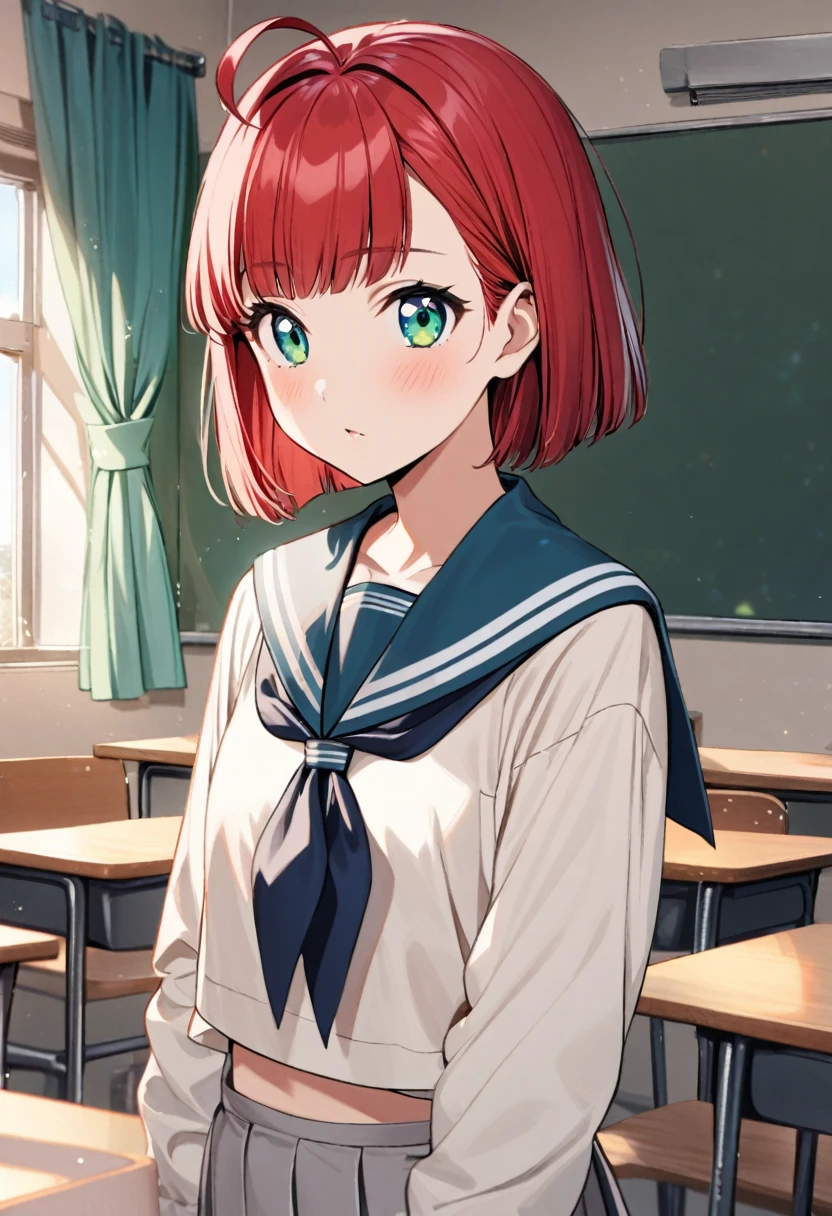 1girl ,rubyred hair,bowlcut hair,half circle ahoge,blue green eyes,serafuku,classroom