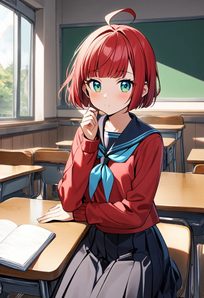 1girl ,rubyred hair,bowlcut hair,half circle ahoge,blue green eyes,serafuku,classroom