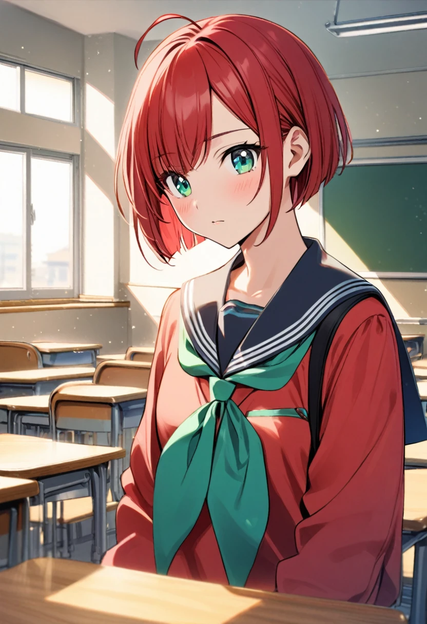 1girl 15 years old,rubyred hair,bowlcut hair,half circle ahoge,blue green eyes,serafuku,classroom