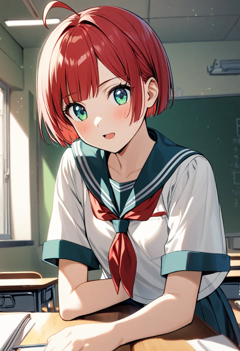 1girl 15 years old,rubyred hair,bowlcut hair,half circle ahoge,blue green eyes,serafuku,classroom
