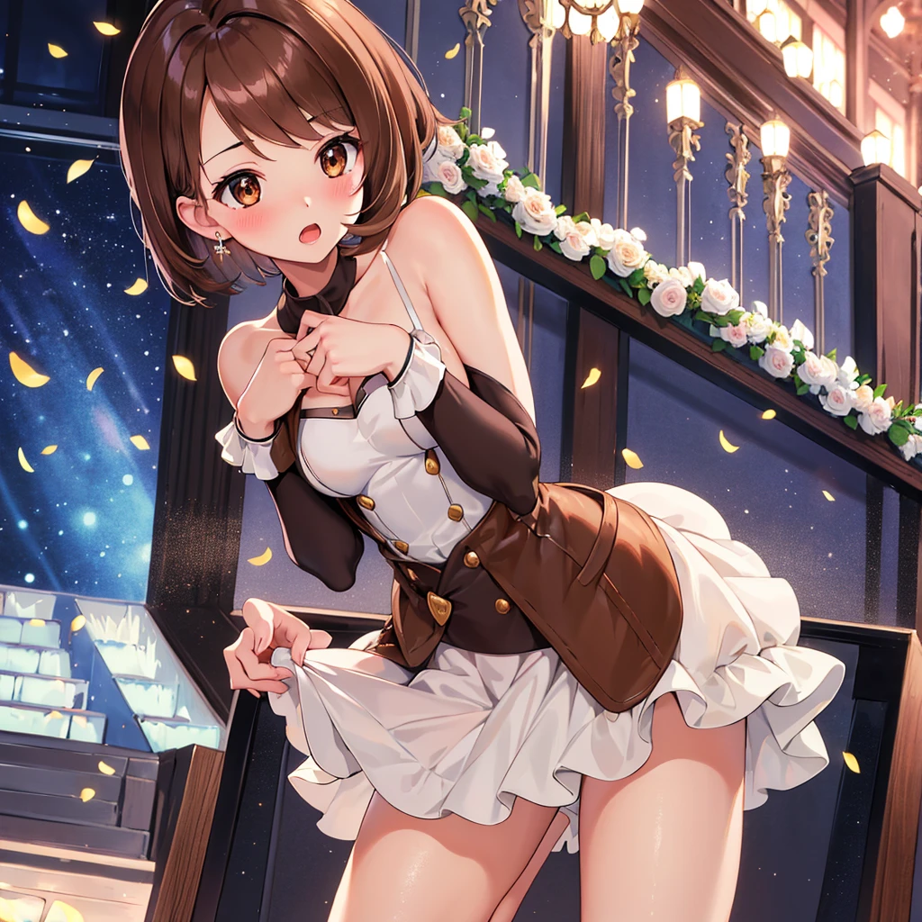 masterpiece, Highest quality, High resolution, Gloria1, 1 Girl, Gloria\(Pokémon\), Brown Hair, , Brown Eyes, , Short Hair, , Bobcut, bangs, , 　１Describe a girl carefully　１Girl　Expression in love　blush　Open Mouth　blush　church　Wedding dress（mini skirt）　breast enhancement