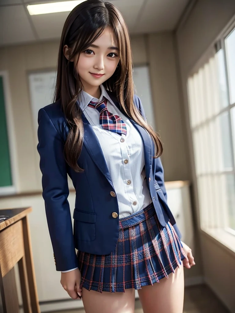 (8K, RAW Photos, Highest quality), Stand in the classroom of school, (((((((One woman))))))), ((Brown Hair)), ((Long Bob Hair)), ((Detailed eyes)), ((smile)), ((White blouse)), ((tie)), (((Dark blue closed blazer))), (((A blue plaid pleated miniskirt that wraps around the hips))), 楽しそうなsmile, Thighs, knees, Random pose,pretty girl,Slender girl