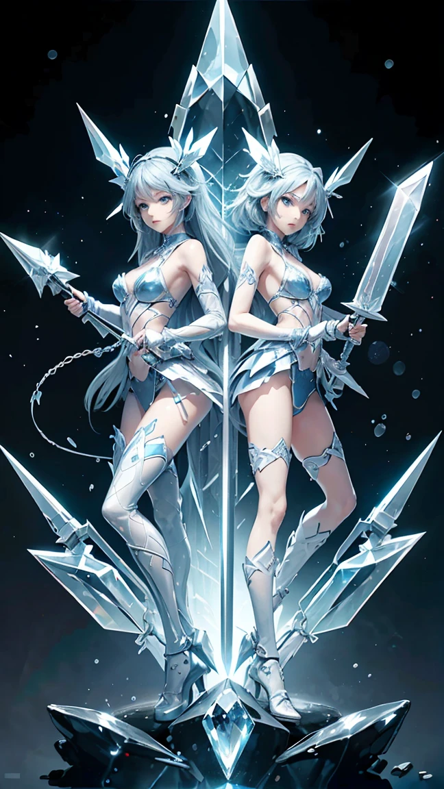 Two twin women while holding blue swords, ice swords, blue, blue aura, two women, twins, twin ice swords.