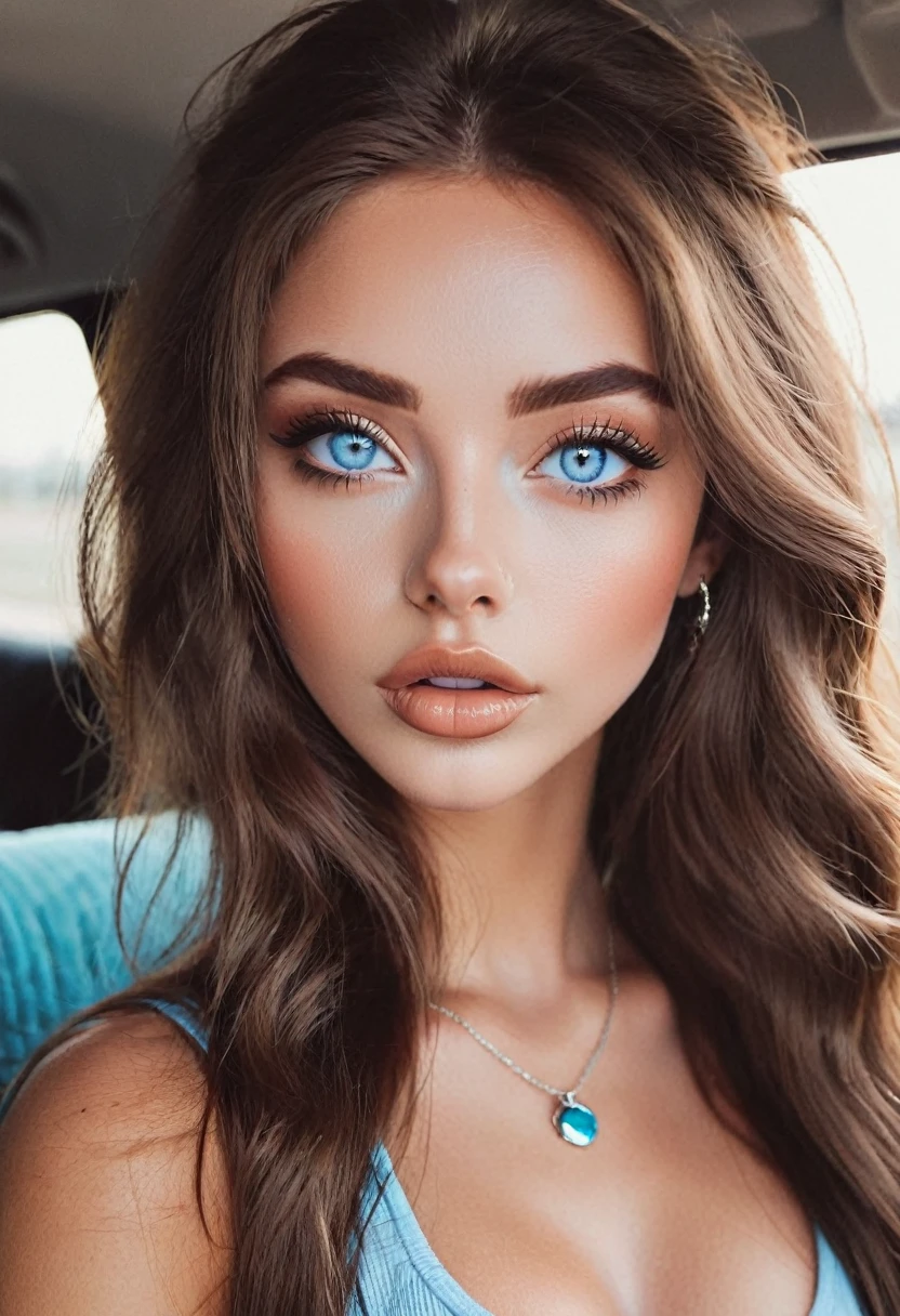 Instagram model, , brown long hair, light blue eyes, big lips, beautiful face, nose piercing, close-up of face , cateye